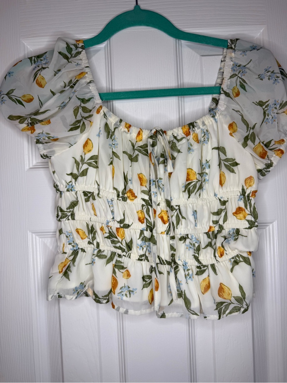 Japna White Lemon-Print Puff Sleeve Crop Top